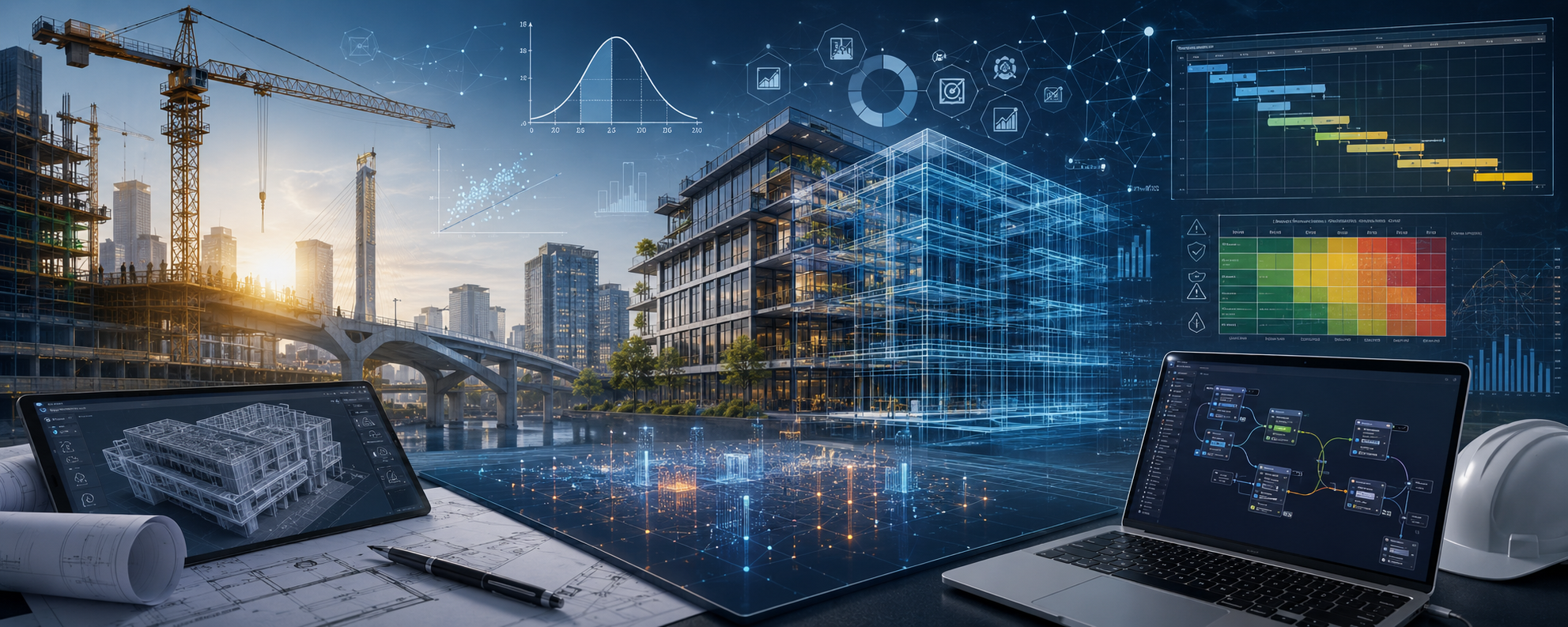 BIM, inginerie civilă, management de proiect și probabilități — sinteză vizuală a domeniilor de activitate