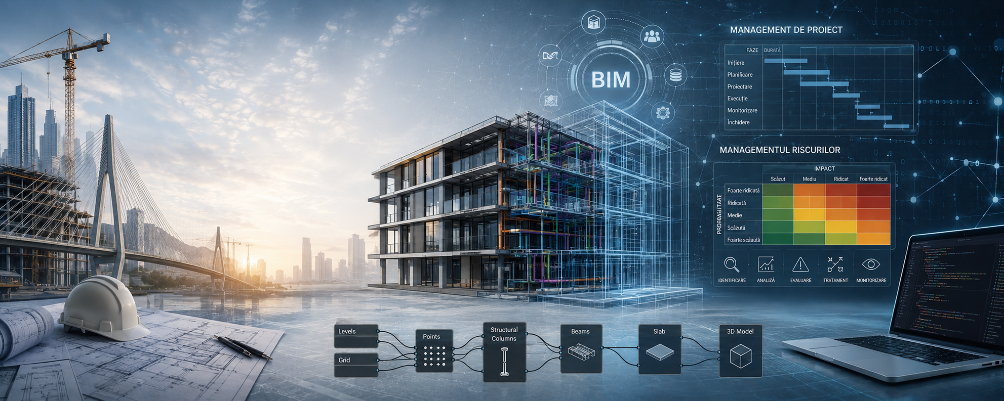 BIM, inginerie civilă, management de proiect și probabilități — sinteză vizuală a domeniilor de activitate